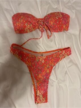 SHEIN Neon Orange-Striped Smocked Bikini Top
